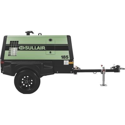 Sullair 185 portable air compressor on a black trailer, light green and black casing, a single black wheel.