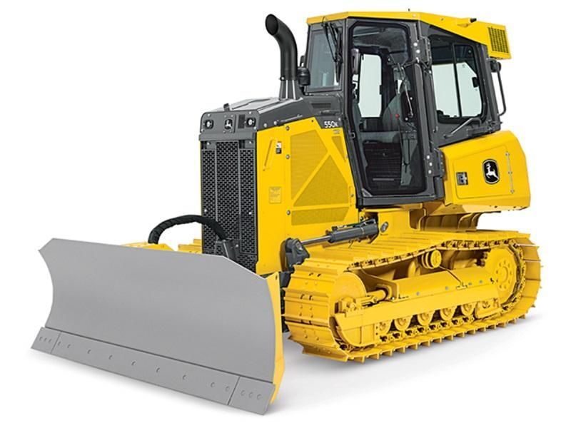 Yellow John Deere bulldozer with silver blade.