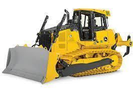 Yellow John Deere bulldozer with a gray blade.
