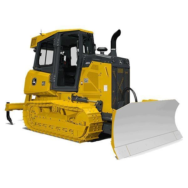 Yellow John Deere bulldozer with a gray blade.