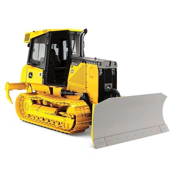 Yellow and black bulldozer with a gray blade; on a white background.