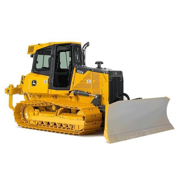 Yellow John Deere bulldozer with a blade, on a white background.