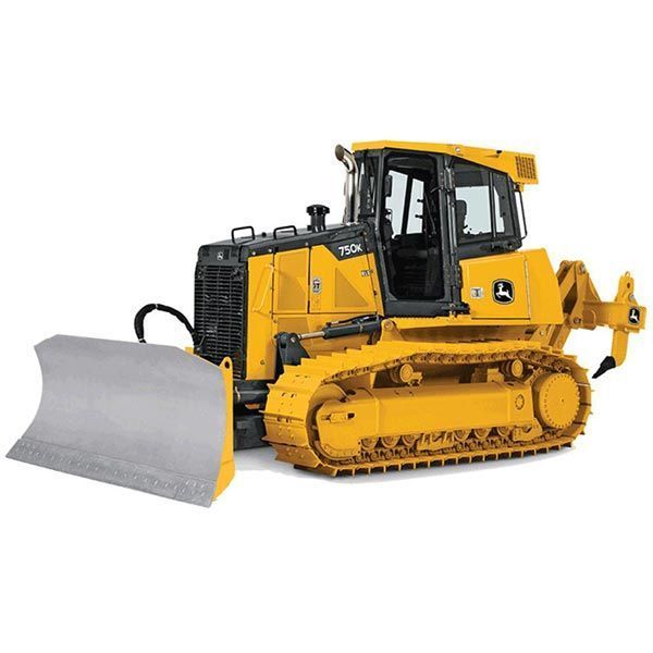 Yellow John Deere bulldozer with silver blade, black tracks, and cab on white background.