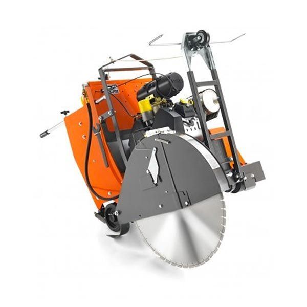 Orange and gray concrete saw with large blade, black engine, and adjustable handles.