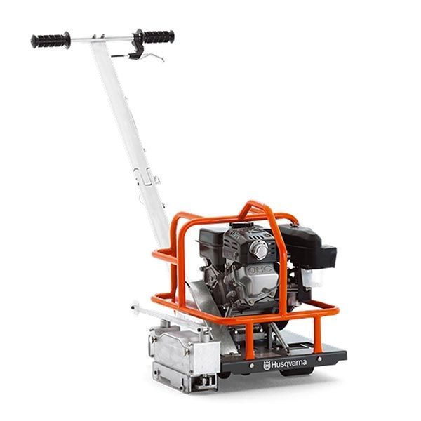 Husqvarna concrete vibratory plate compactor, orange and white, on a white background.
