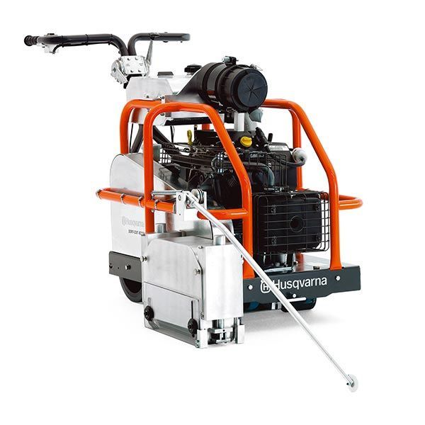Husqvarna walk-behind concrete saw with orange roll cage and black engine.