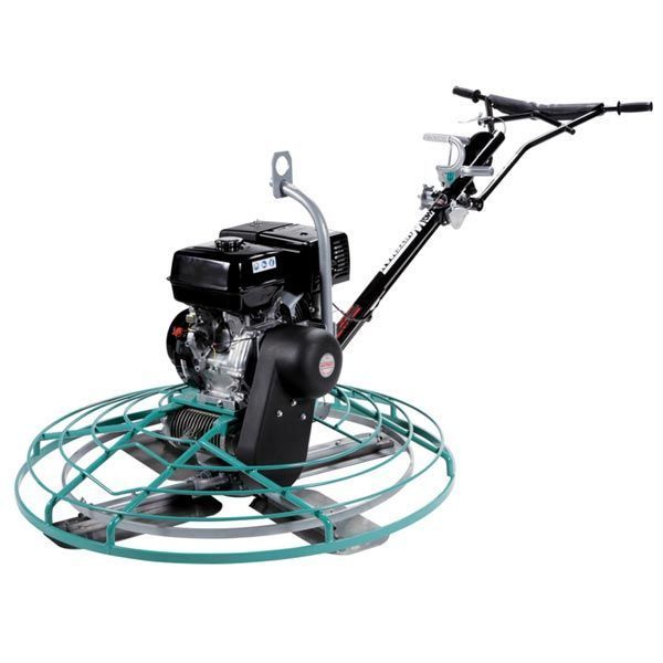 Concrete power trowel with rotating blades, black engine, green safety cage, and operator handle.