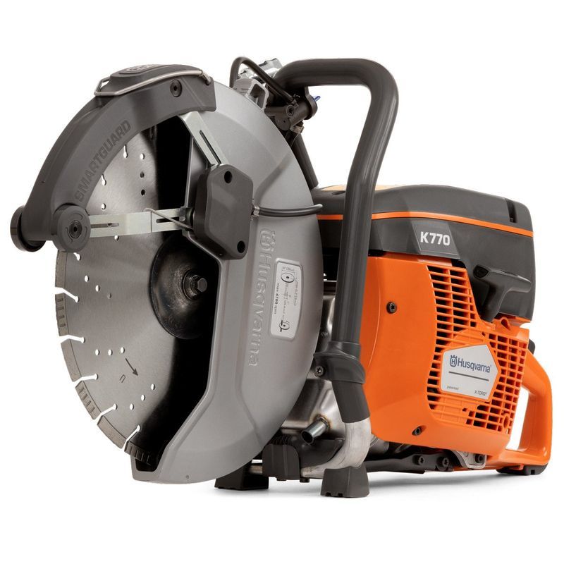Orange and gray Husqvarna K770 power cutter with large blade and safety guard.