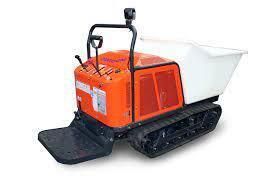 Orange and white tracked dumper. It has a cargo bin and a control panel. Tracks are black.