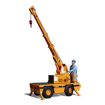 Yellow mobile crane with extended boom, hook, and operator in blue hard hat.