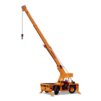 Yellow mobile crane with extended boom and hook, parked on a white background.