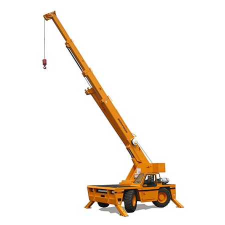Yellow mobile crane with extended boom and a hook, against a white background.