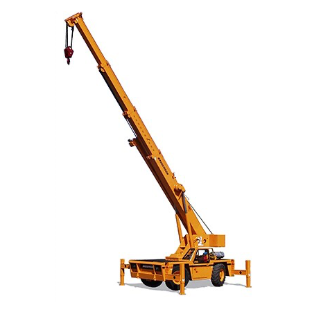 Orange mobile crane with an extended boom and hook, isolated on white.