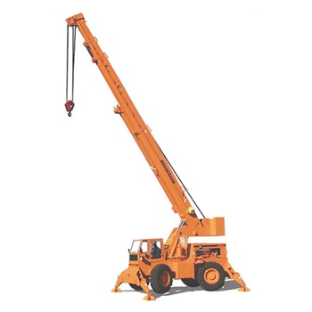 Orange mobile crane with an extended boom and hook, used for lifting heavy loads.