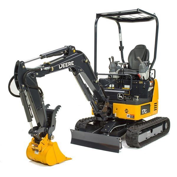 John Deere compact excavator, yellow and black, tracks and bucket.