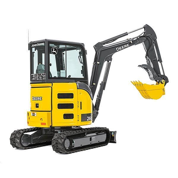 Yellow and black John Deere 26G mini excavator on tracks, bucket extended.