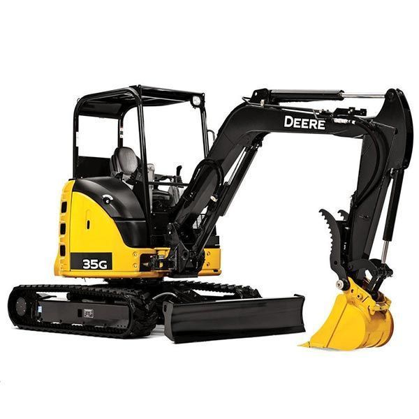 Yellow and black John Deere 35G mini excavator with a raised bucket.