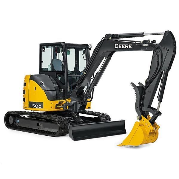 Yellow and black John Deere 50G mini excavator on tracks, with a yellow bucket.