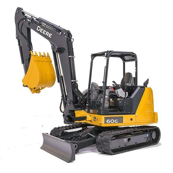 Yellow and black John Deere 60G excavator on tracks.
