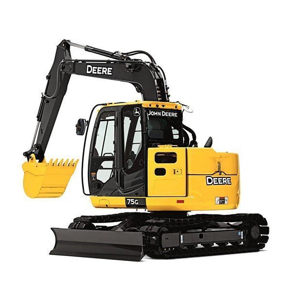 Yellow John Deere 75C excavator with black tracks and a bucket, on a white background.