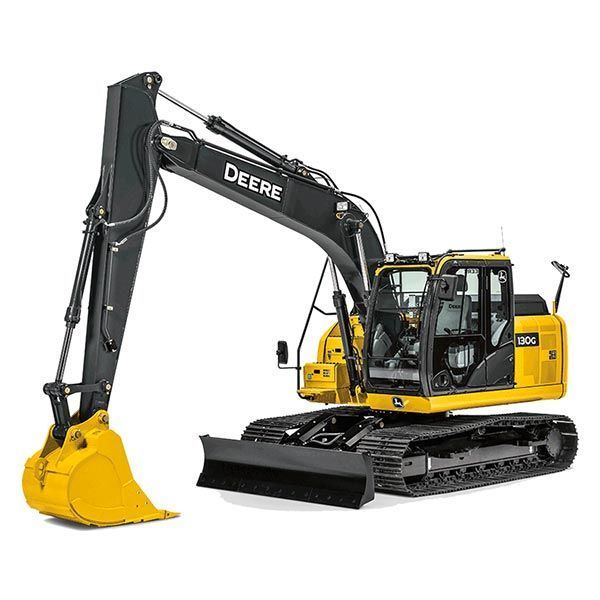 Yellow John Deere excavator with black boom and bucket, tracks, and blade.