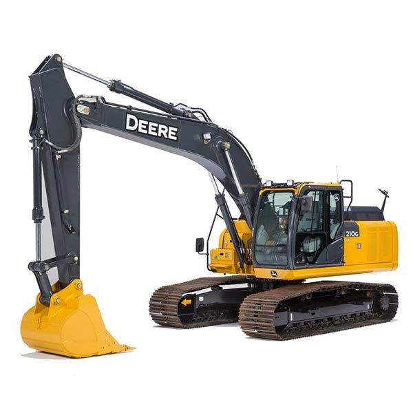 Yellow and gray John Deere excavator on tracks.