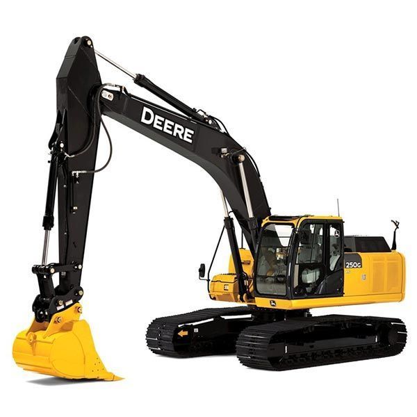 Yellow and black John Deere excavator on tracks, with arm extended.