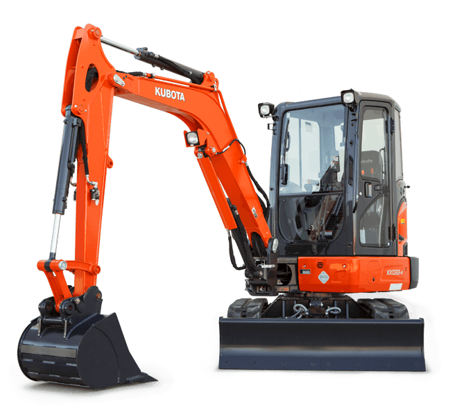 Orange Kubota excavator with a bucket, on a white background.