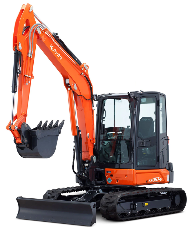 Orange Kubota excavator with a black bucket and blade, on tracks.