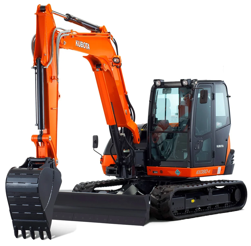 Orange Kubota mini excavator on a construction site, bucket down.