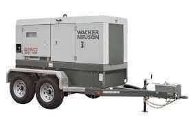 Gray Wacker Neuson D150 diesel generator on a trailer, for powering equipment on a worksite.