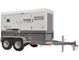 Mobile diesel generator on a trailer, gray and white.