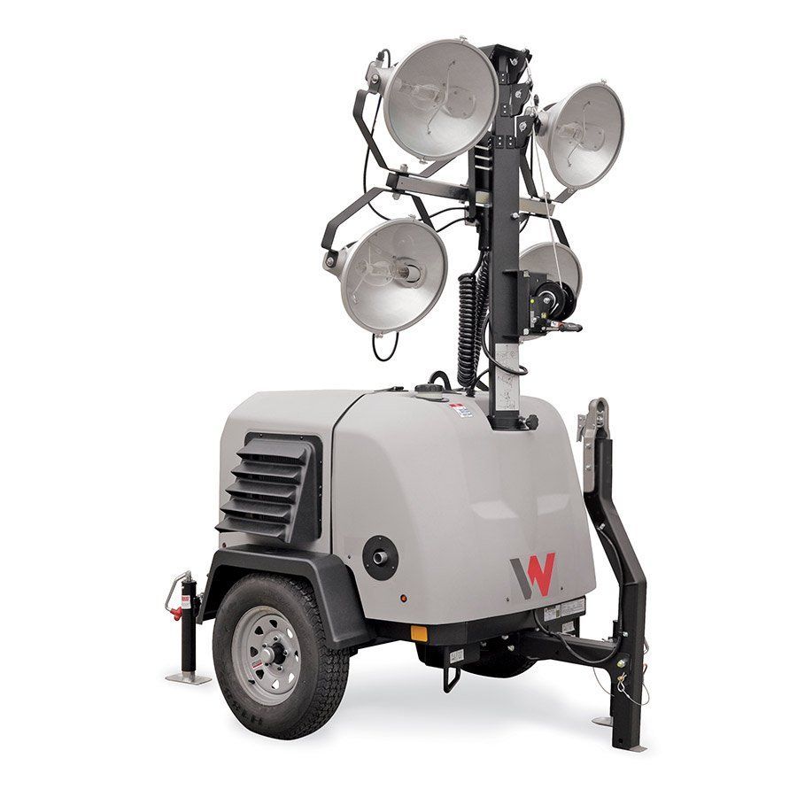 Gray mobile light tower with multiple floodlights.
