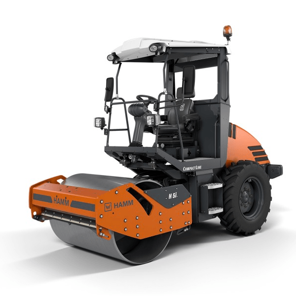 Orange and gray HAMM road roller on white background.