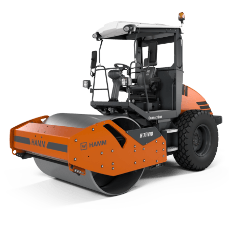 Orange and gray HAMM road roller.