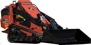 Orange and black track skid steer loader with a black bucket.