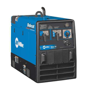 Blue and black Miller Bobcat welder, controls visible, with carrying handle.