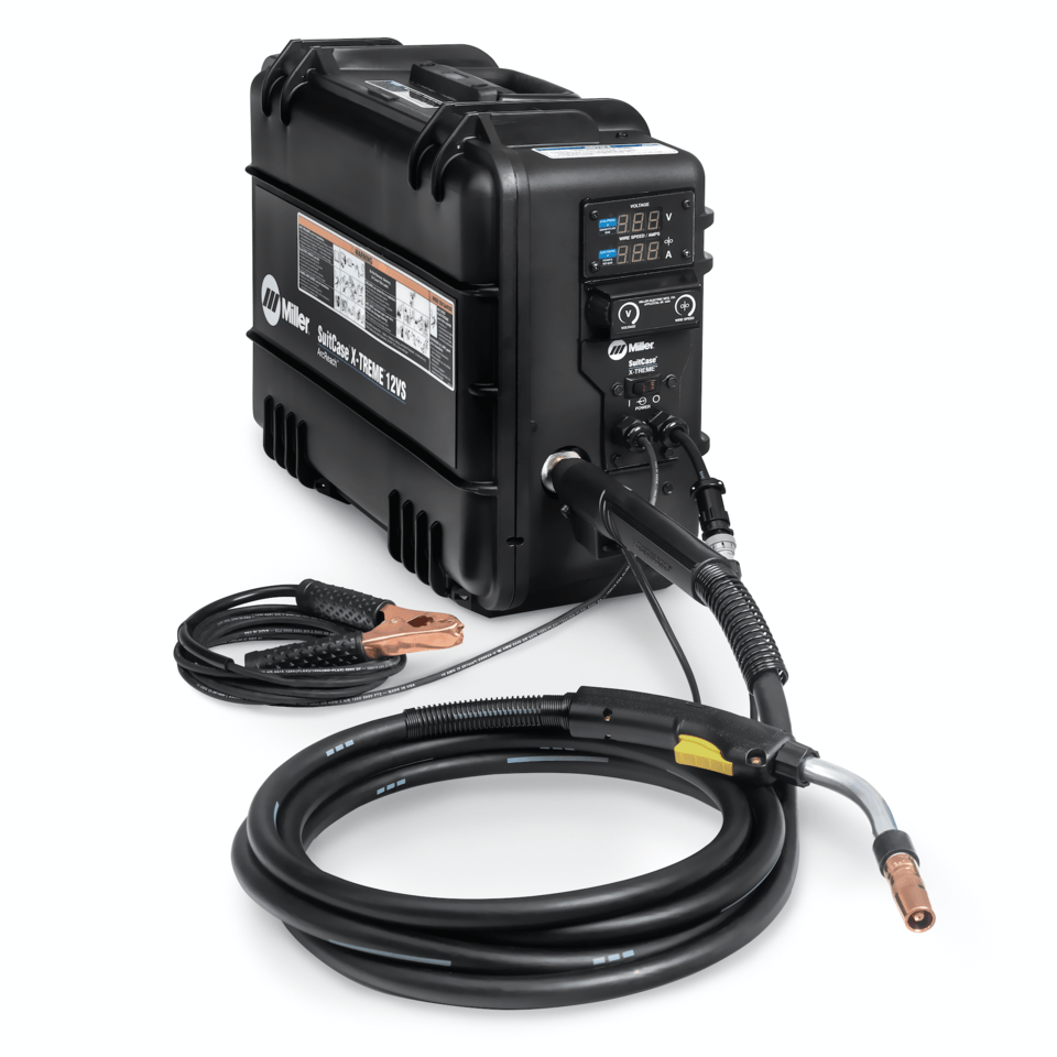 Black Miller welder with a gun, clamp, and digital display.