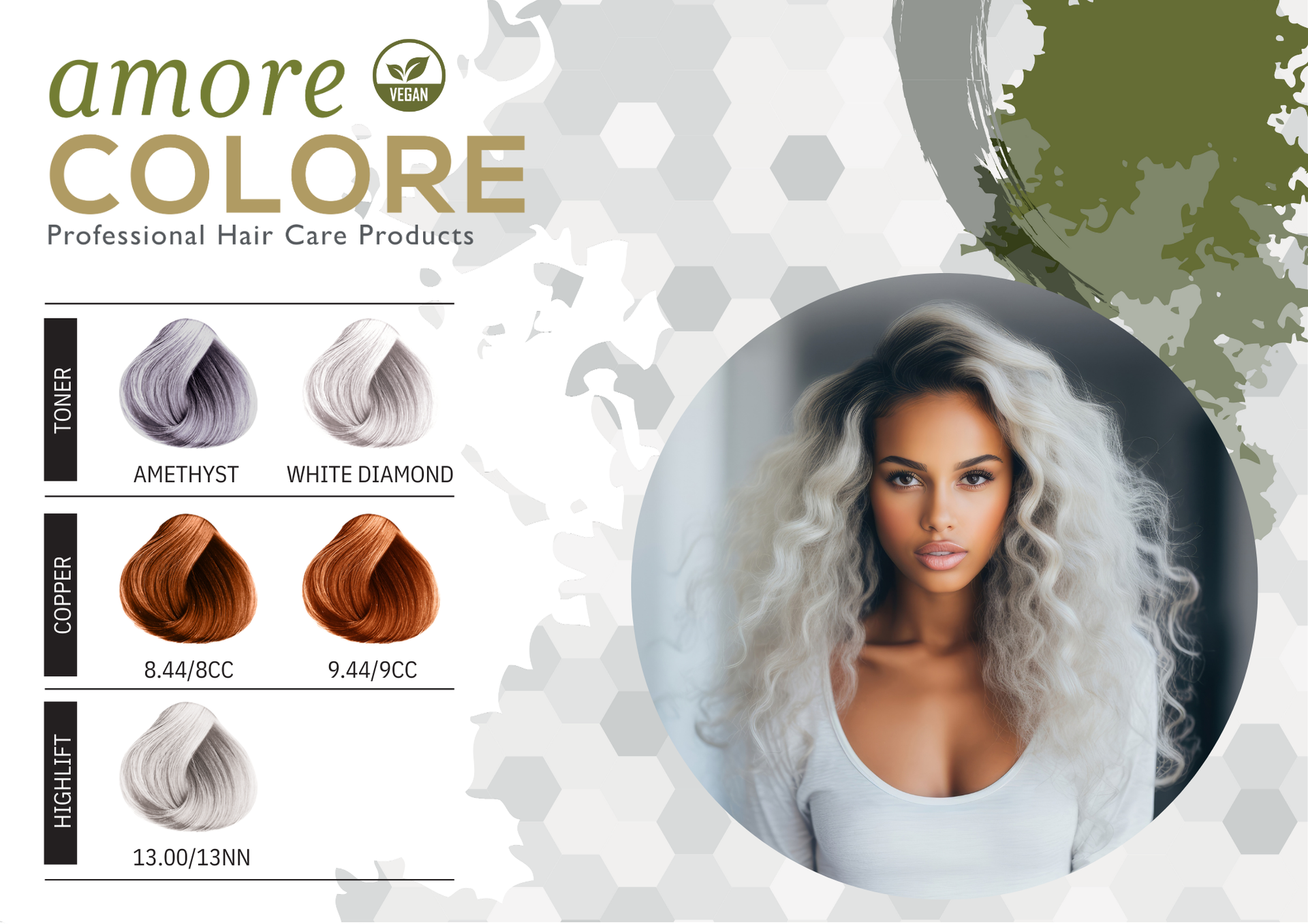 Amore Colore hair products ad. Model with silver hair, color swatches of hair dyes.