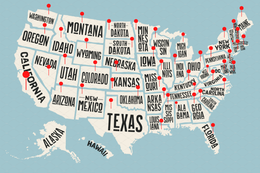 Map of the USA with pin markers, showing various locations within each state.