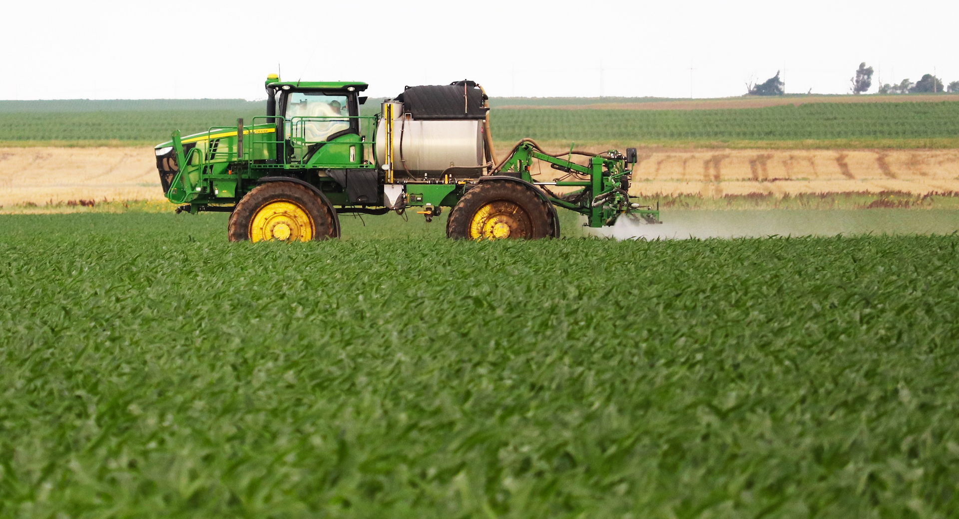 A green tractor is spraying fertilizer on a lush green field.