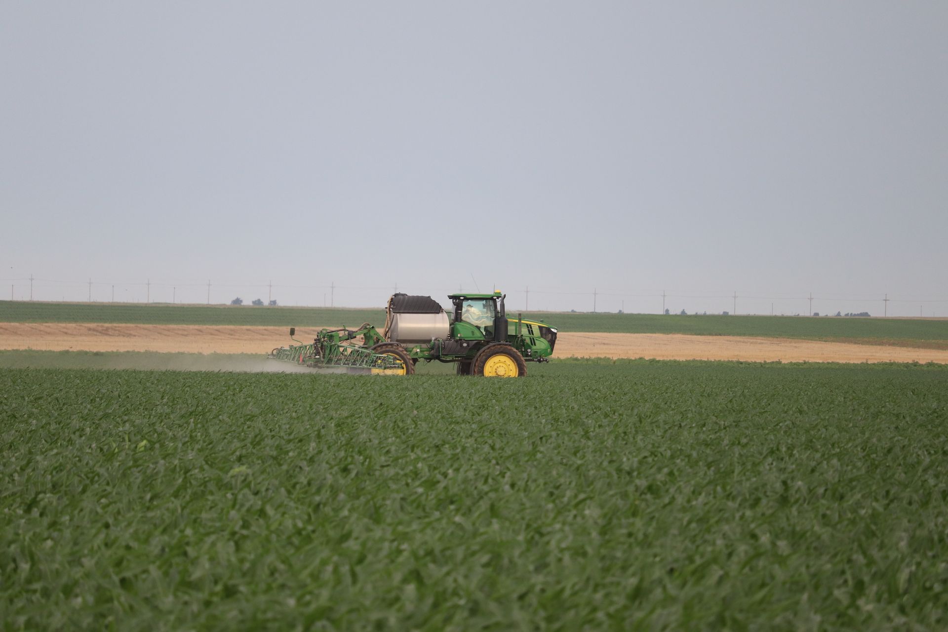 A green tractor is spraying fertilizer on a lush green field.