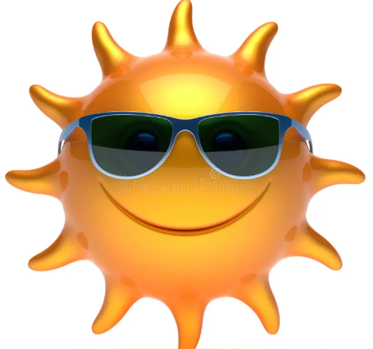 A cartoon sun wearing sunglasses and smiling on a white background