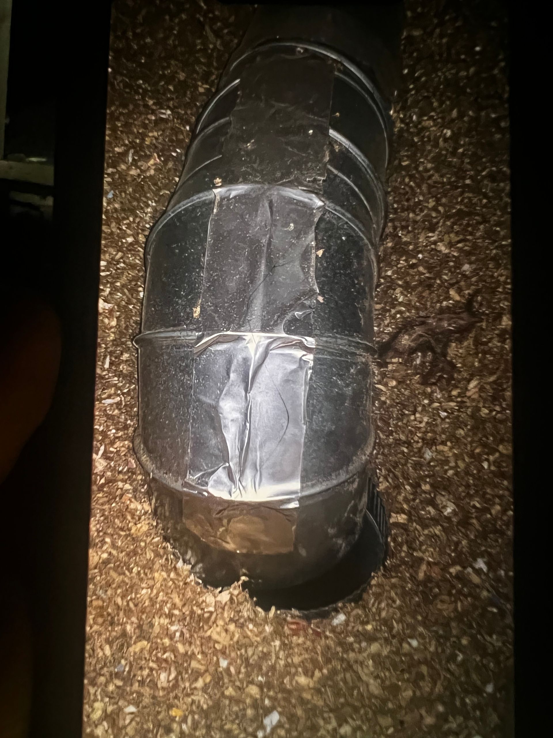 A metal pipe is sitting on top of a pile of wood chips.