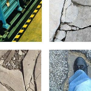 Collage of cracked concrete and pavement damage, including a foot on rough asphalt.