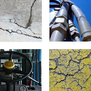 Collage of cracked concrete and industrial pipes with valves, showing wear and surface damage