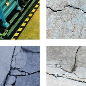 Cracked concrete and a yellow-black hazard-striped floor edge, shown in a four-image collage.