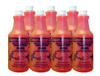 Six orange Super Aqua S bottles with white caps arranged in a row on a white background