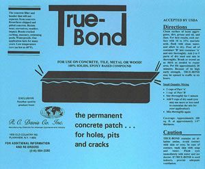 True-Bond adhesive ad on blue background, showing a cracked surface and text about fixing holes, pits, and cracks