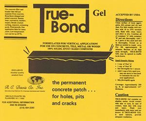 Yellow True-Bond Gel adhesive label for concrete patching, with large black product name and damaged-surface graphic